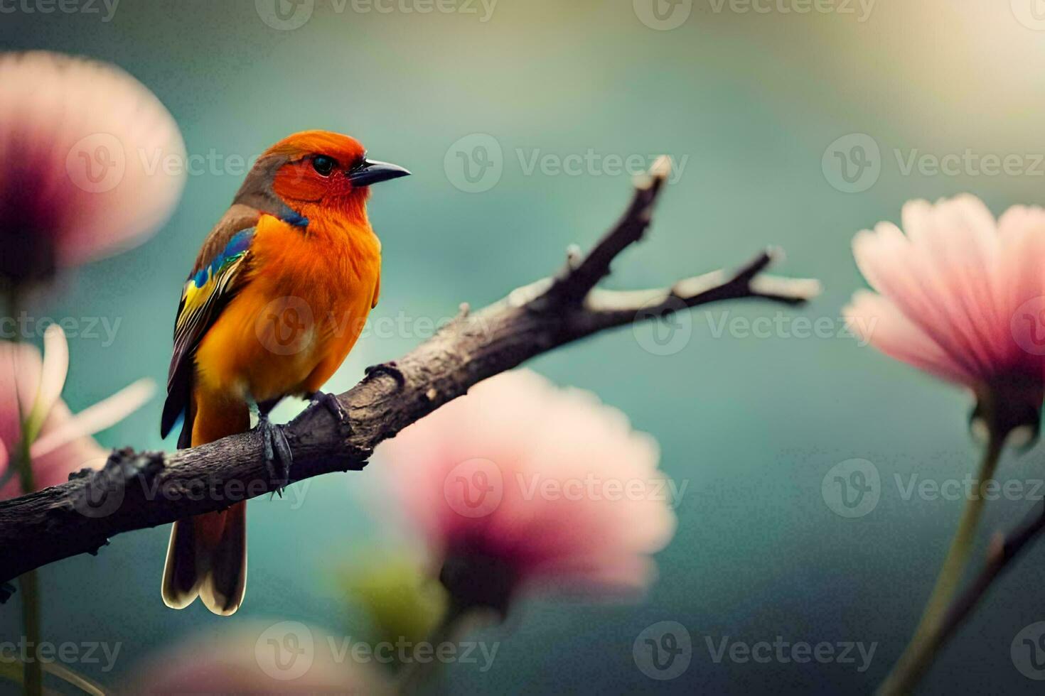 un' colorato uccello si siede su un' ramo con rosa fiori. ai-generato foto