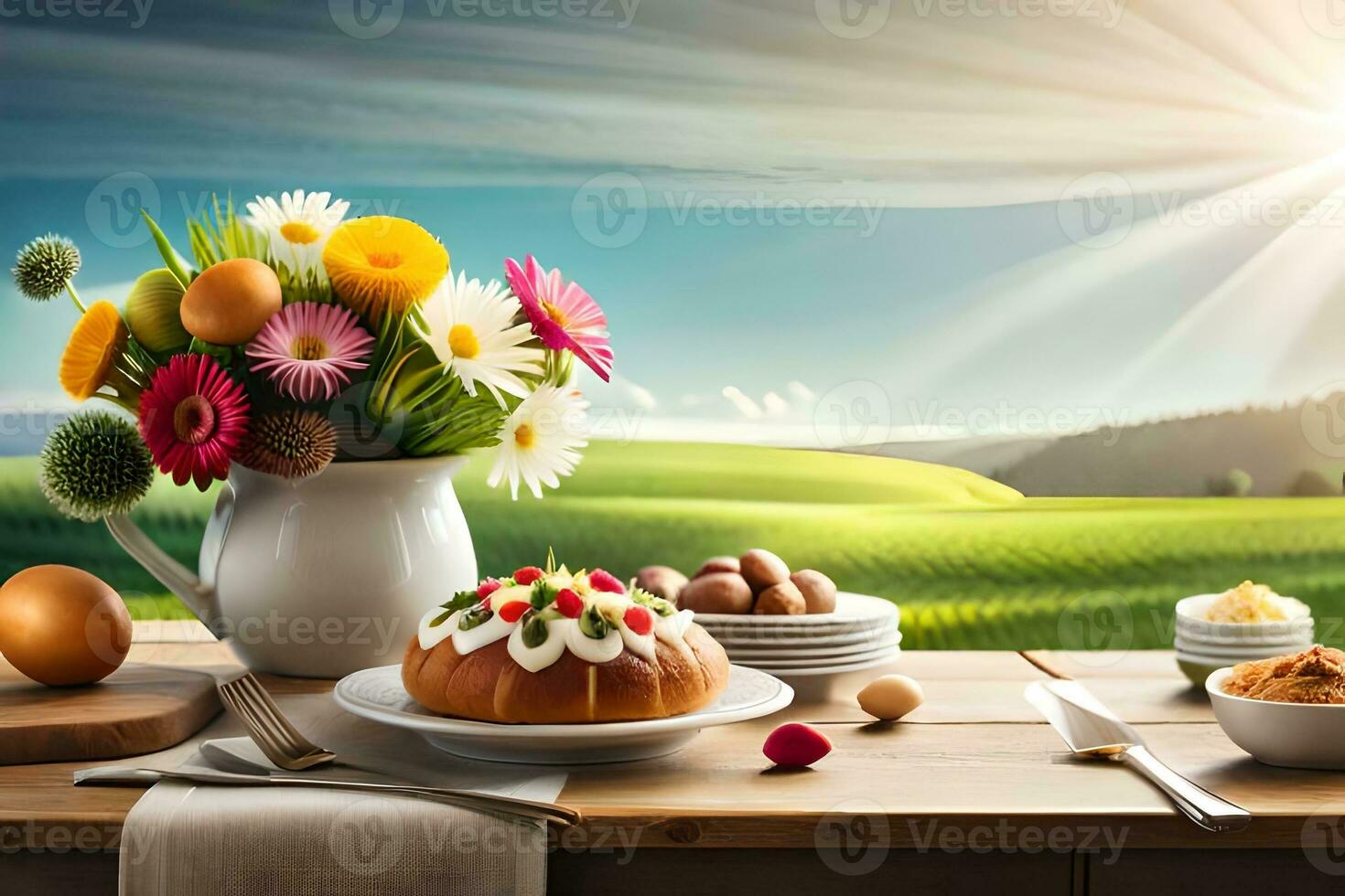 Pasqua prima colazione con fiori e torta su tavolo. ai-generato foto