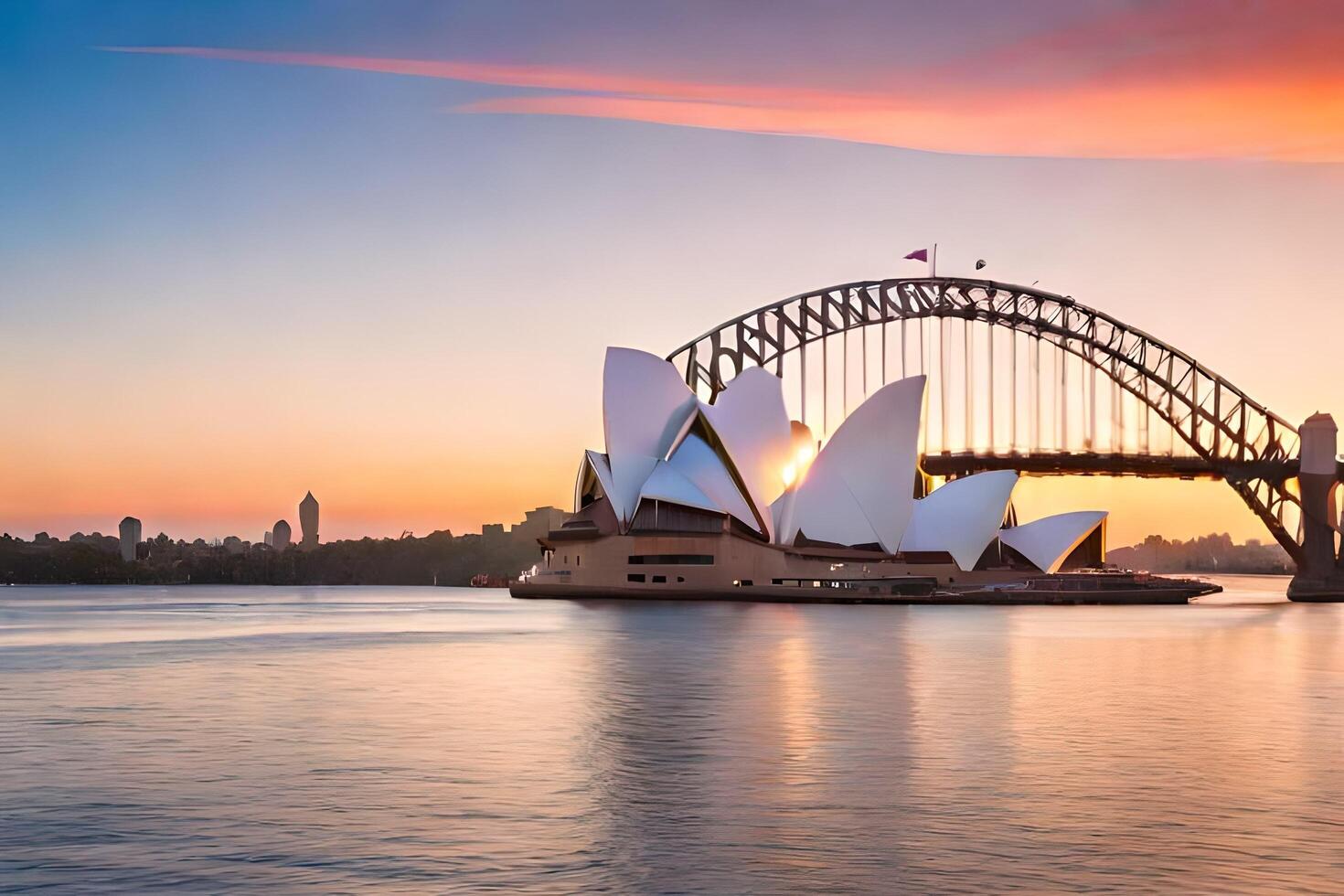 il sydney musica lirica Casa e ponte a tramonto. ai-generato foto