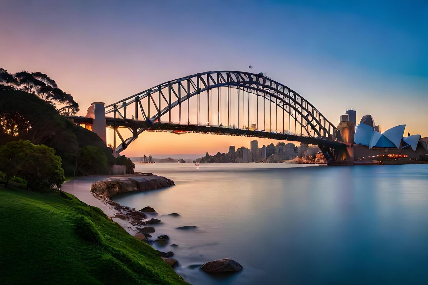 il sydney porto ponte a tramonto. ai-generato foto