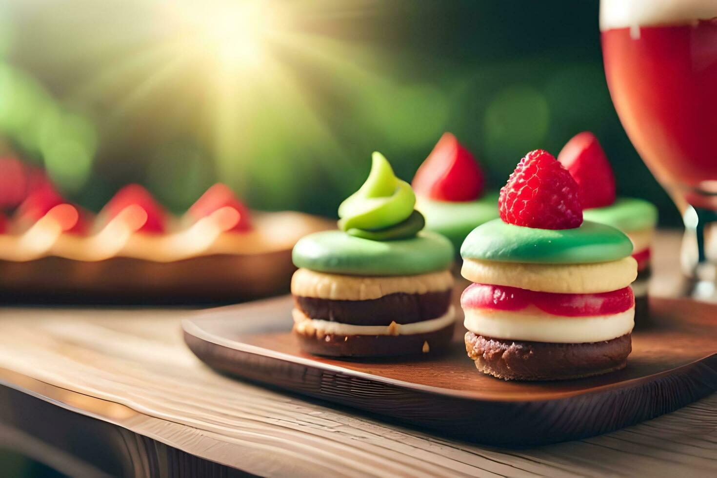 un' piatto con alcuni torte e un' bicchiere di birra. ai-generato foto