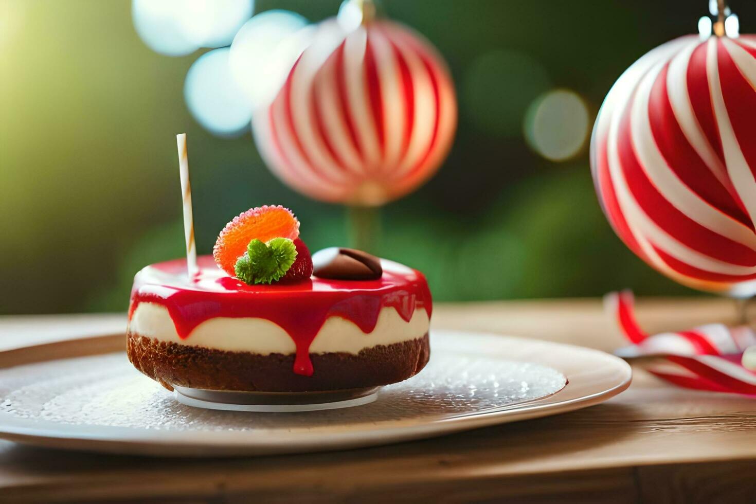 un' dolce su un' piatto con un' rosso e bianca a strisce nastro. ai-generato foto