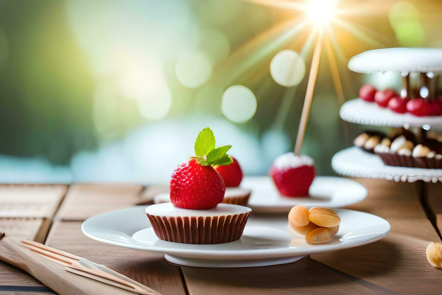 un' piatto con cupcakes e fragole su esso. ai-generato foto