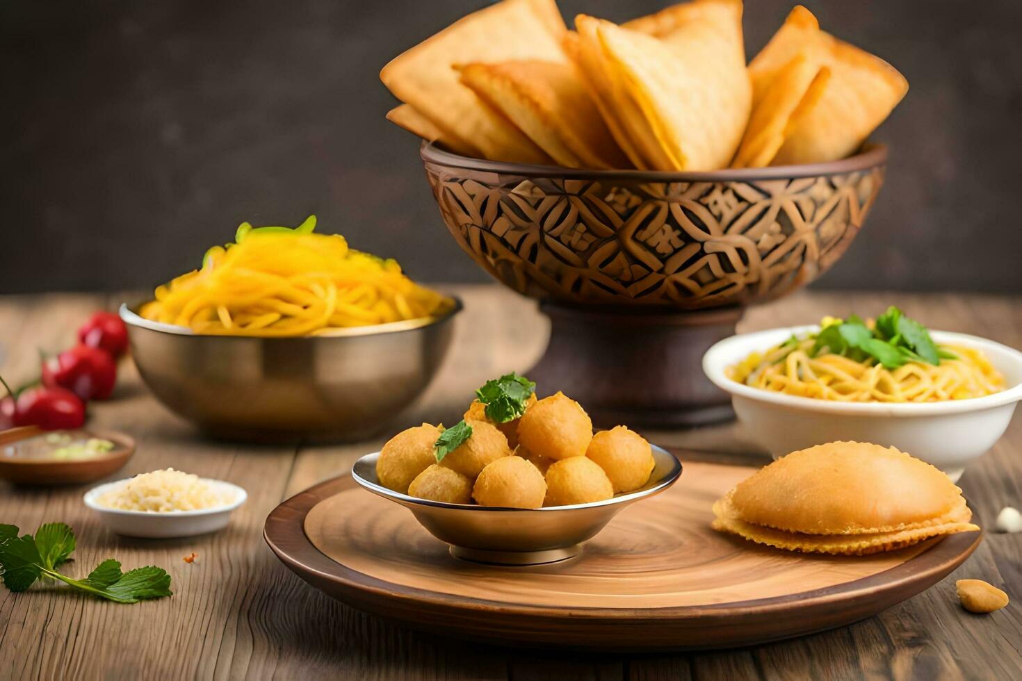 indiano cibo su di legno tavolo con ciotole e piatti. ai-generato foto