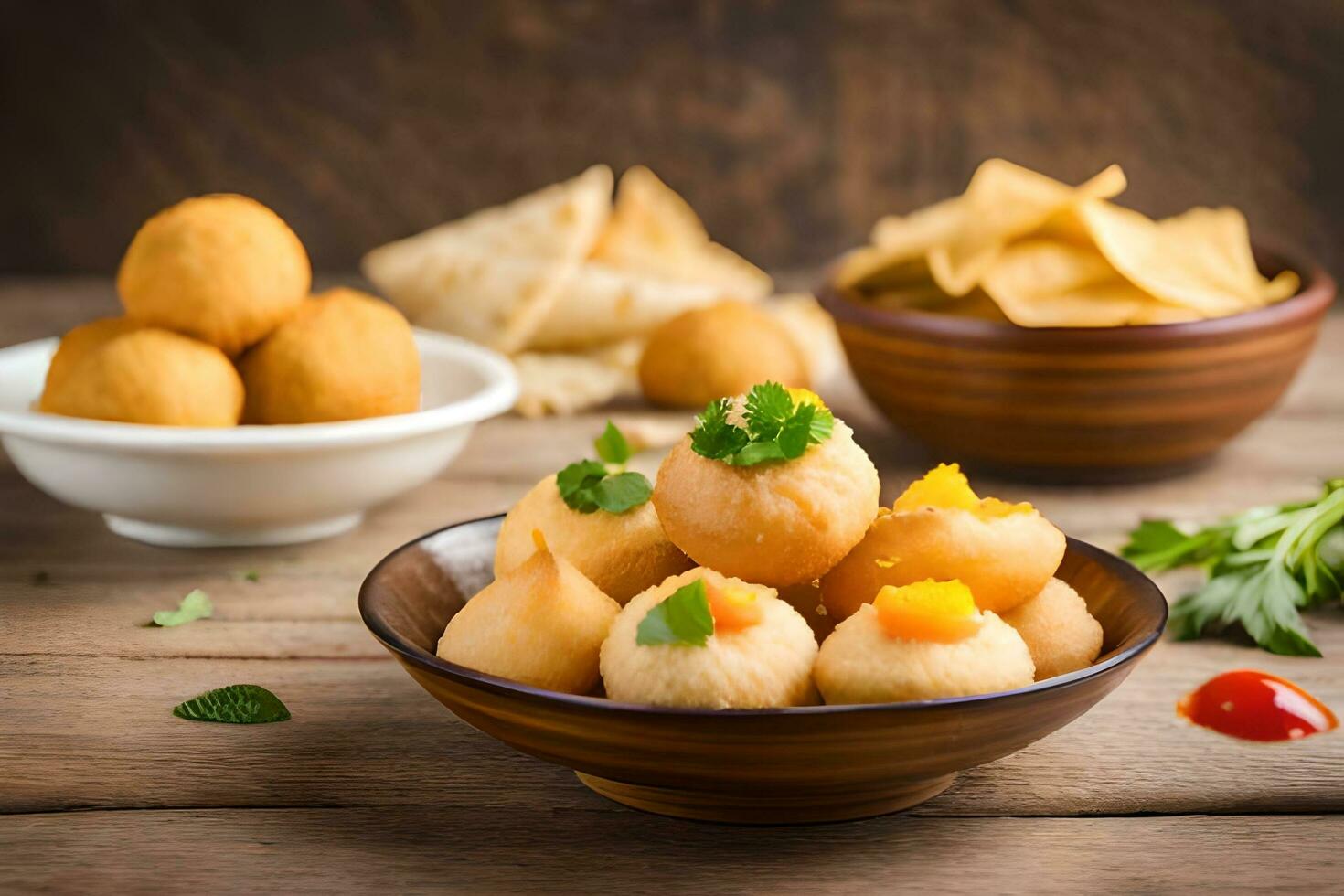 indiano cibo con Patata palle e patatine fritte. ai-generato foto