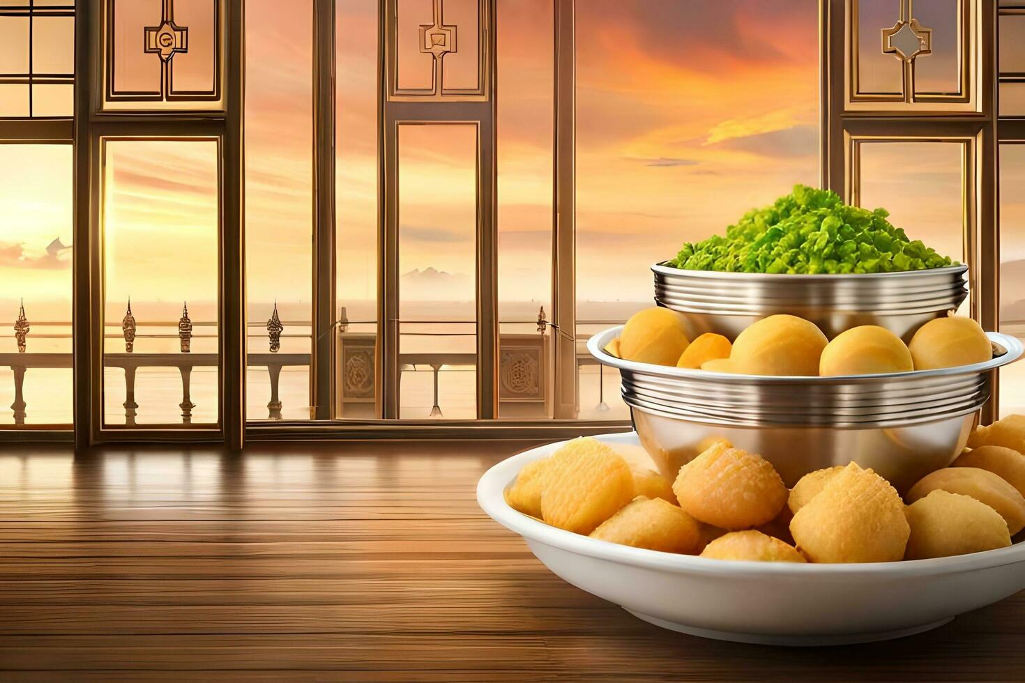 ciotole di cibo su un' tavolo con un' Visualizza di il tramonto. ai-generato foto