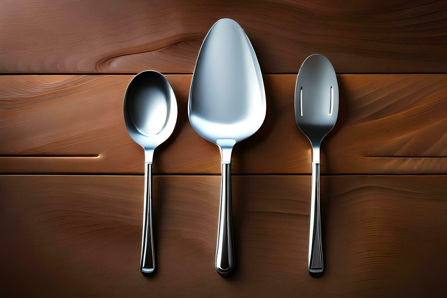 tre argento cucchiai e un' cucchiaio su un' di legno tavolo. ai-generato foto