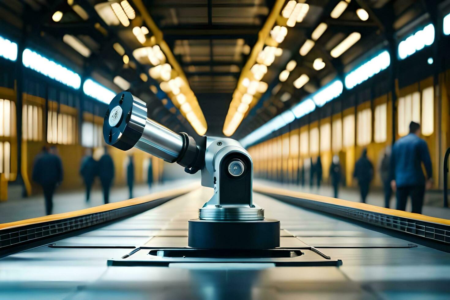 un' telecamera è su un' rotaia nel un' treno stazione. ai-generato. ai-generato foto