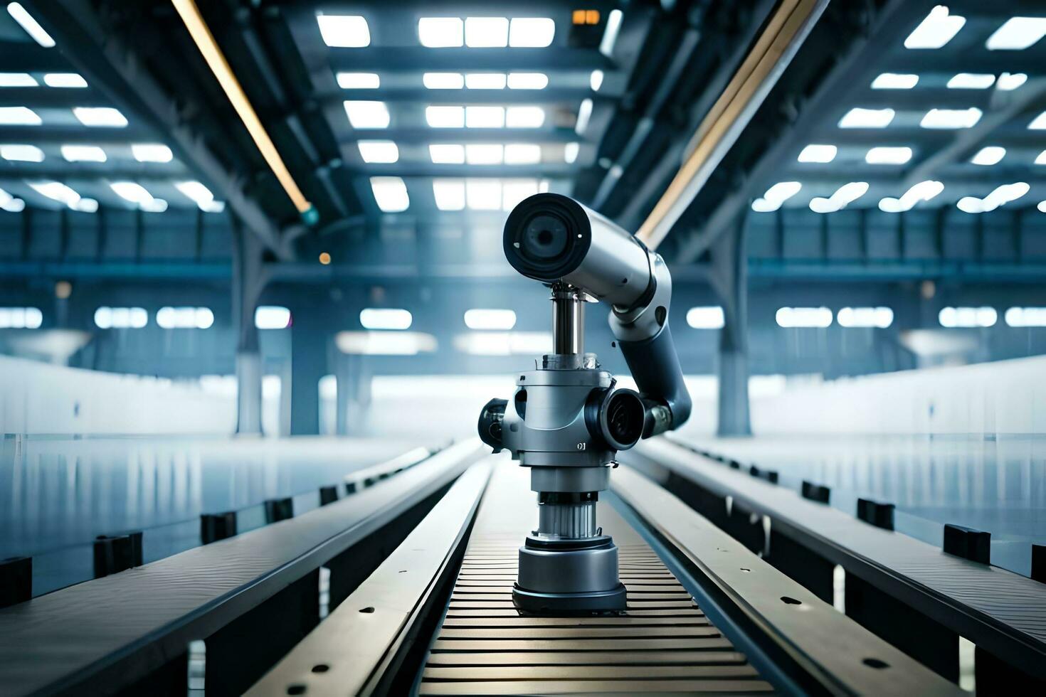 un' robot è seduta su un' trasportatore cintura nel un' fabbrica. ai-generato foto