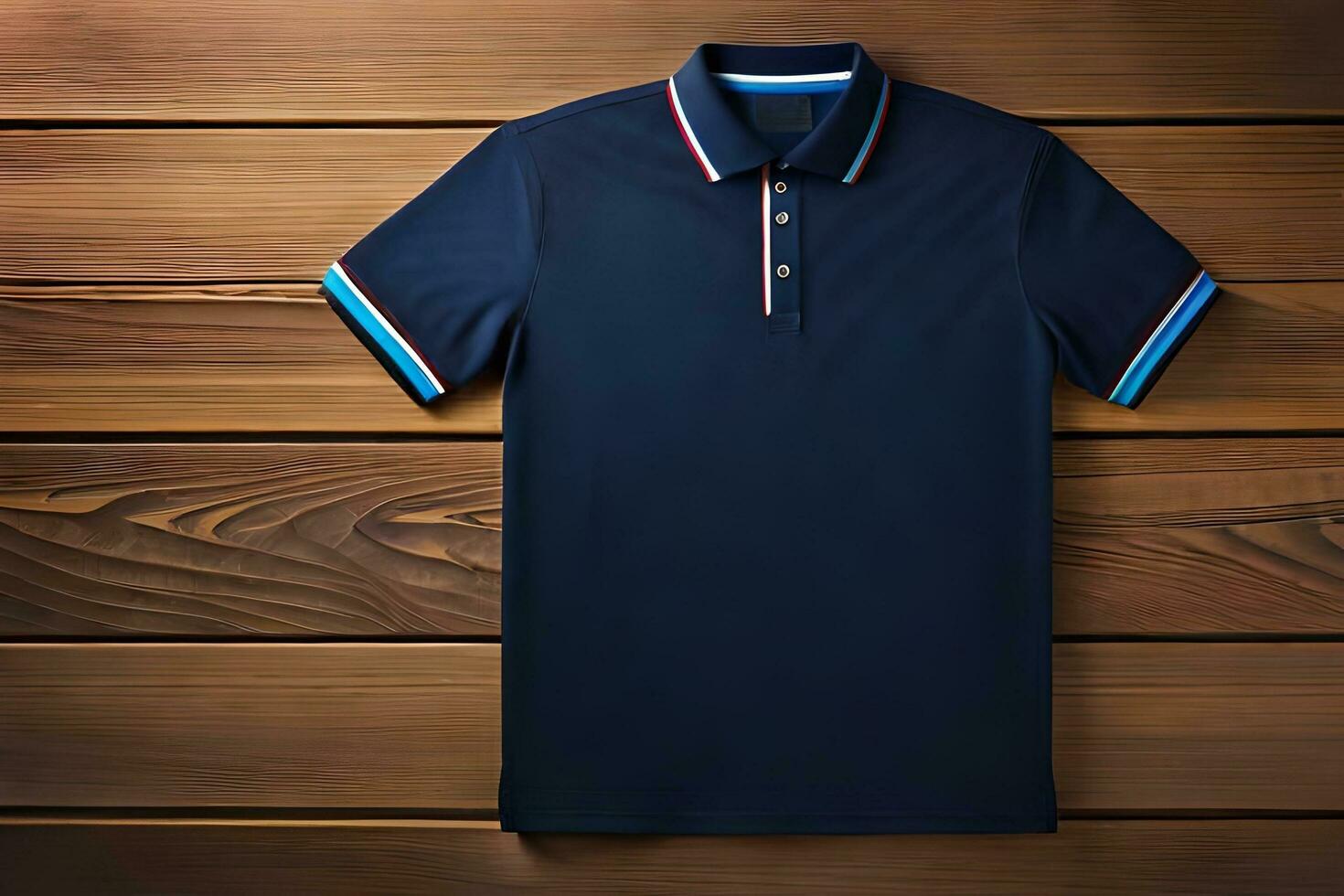 un' buio blu polo camicia su un' di legno sfondo. ai-generato foto