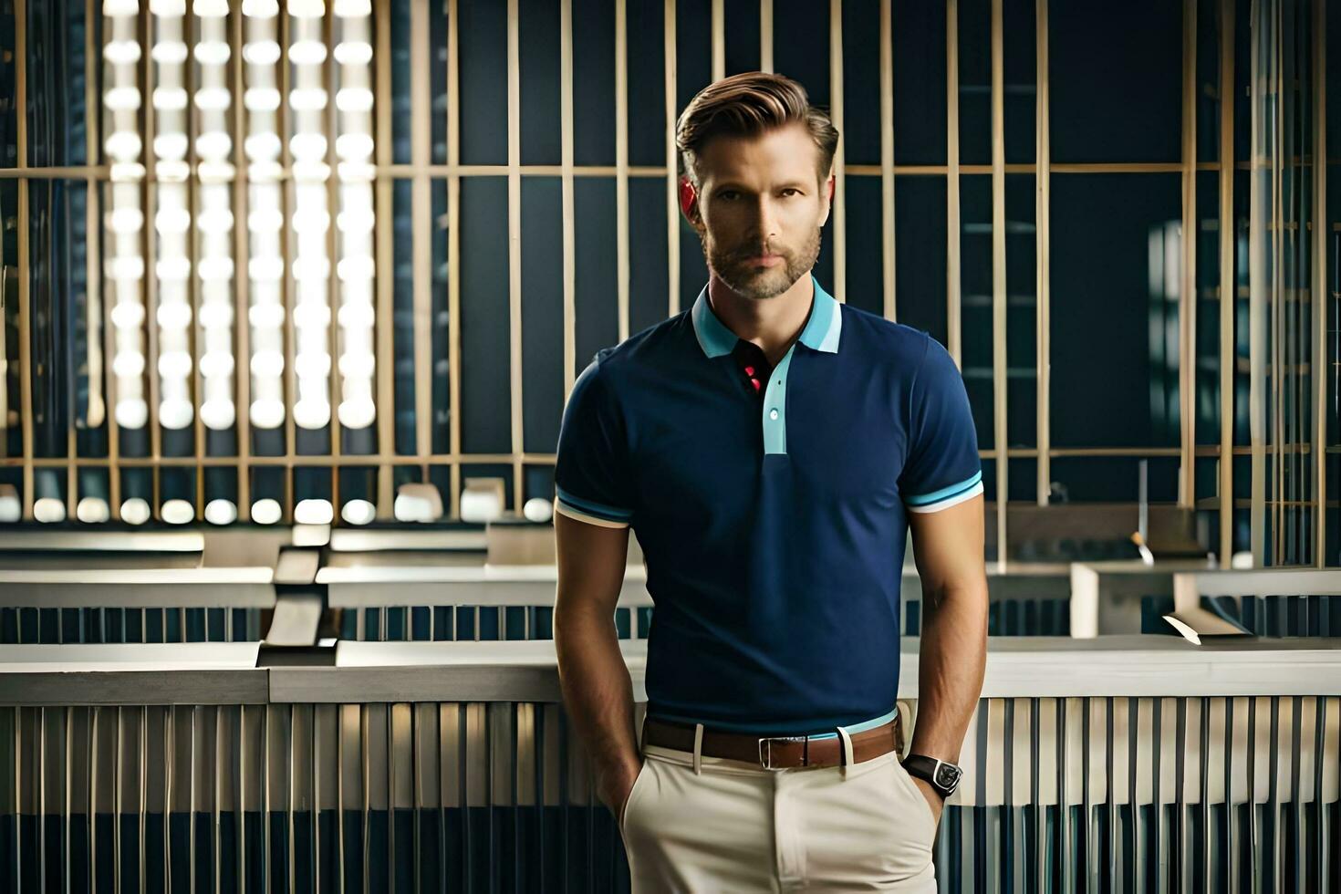 un' uomo nel un' blu polo camicia e bianca pantaloni. ai-generato foto