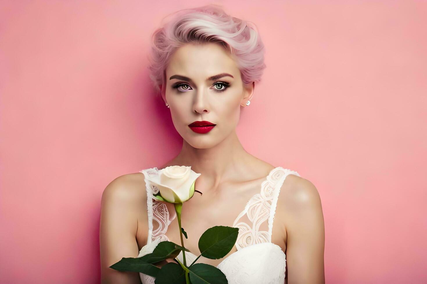 bellissimo donna con rosa capelli e rosso labbra Tenere un' rosa. ai-generato foto