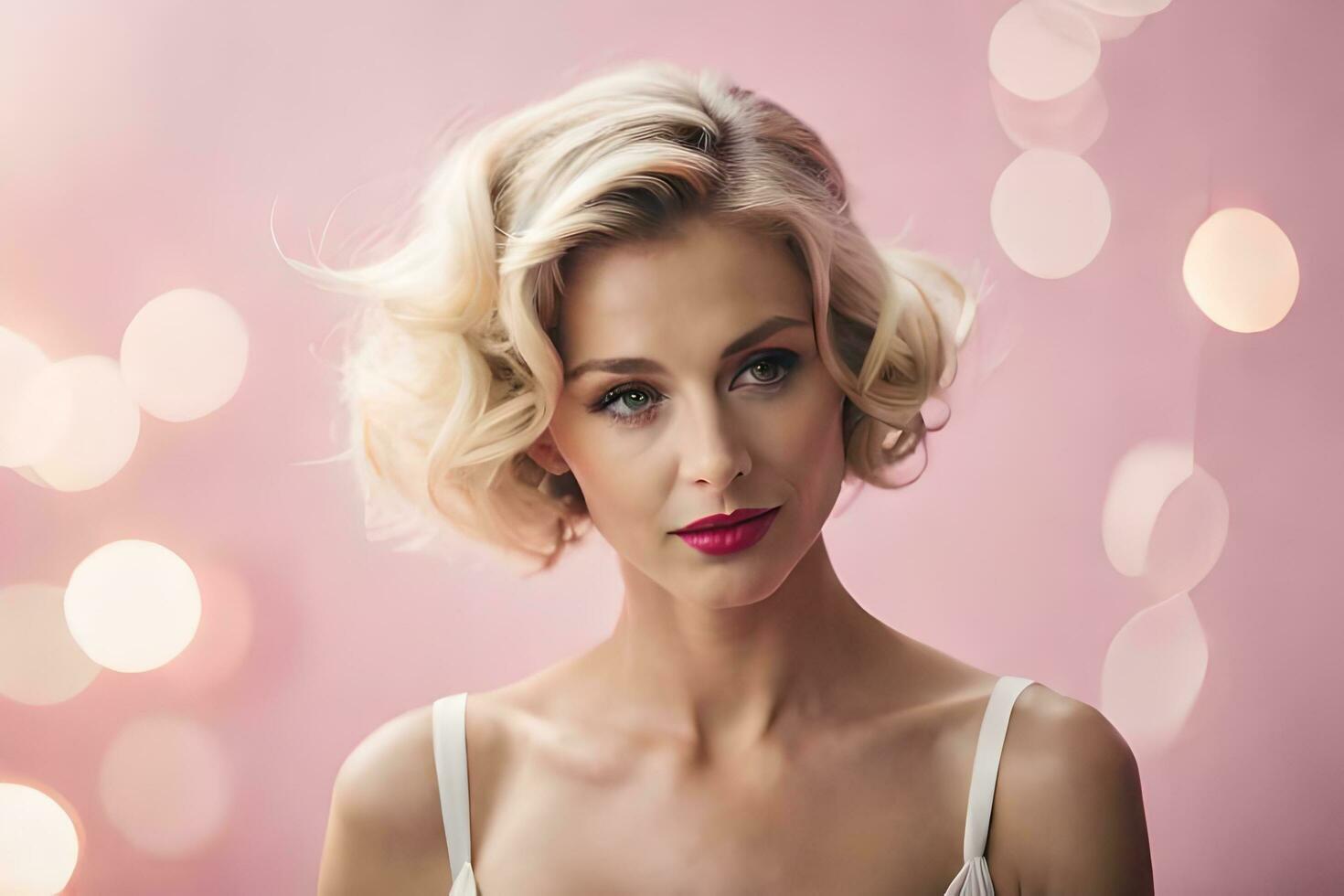 un' bellissimo bionda donna con corto capelli e rosso rossetto. ai-generato foto