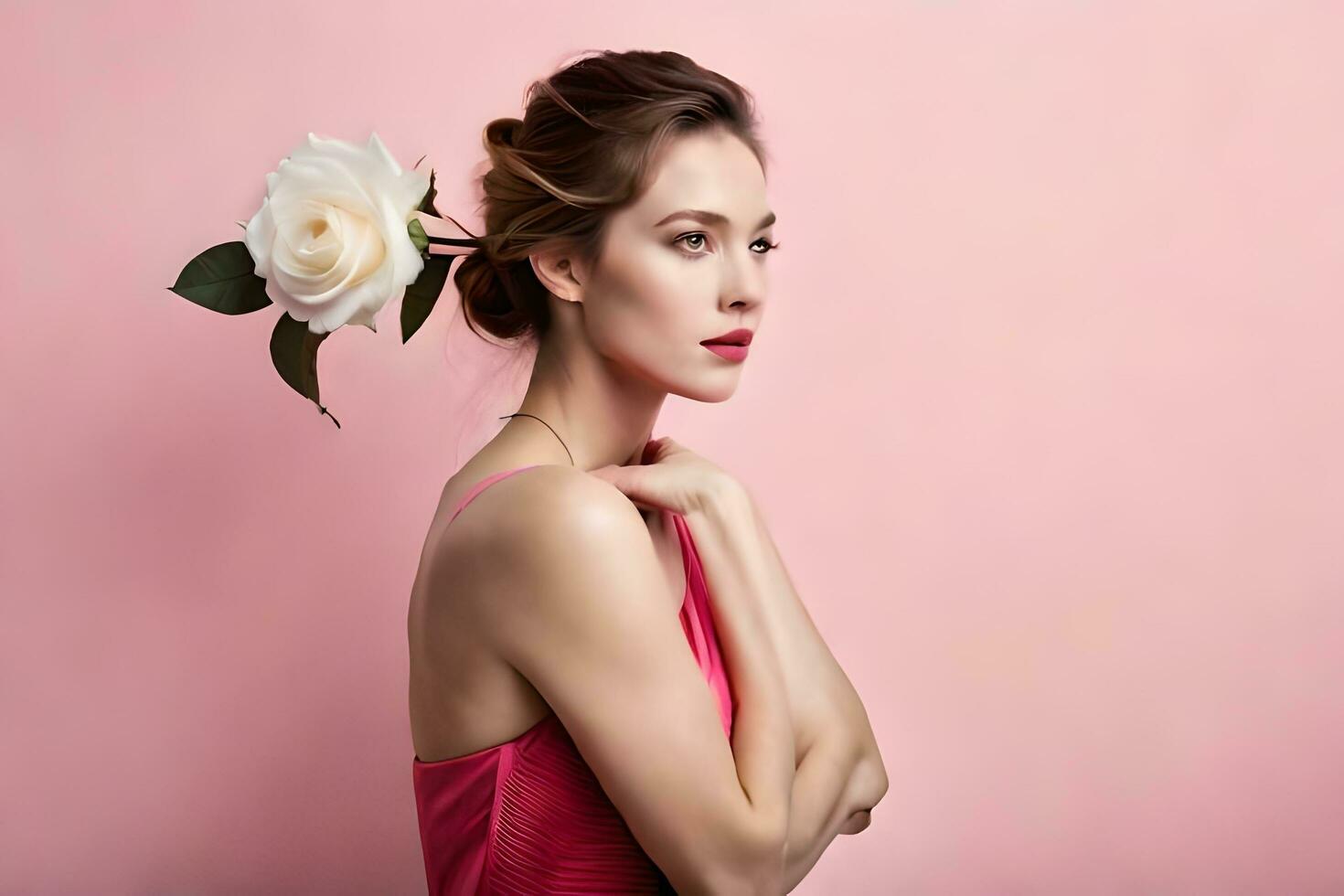 bellissimo donna nel rosa vestito con bianca rosa. ai-generato foto