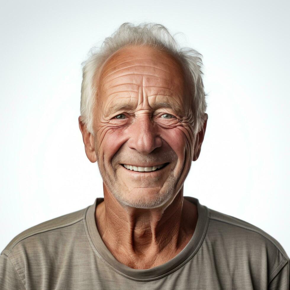 un' contento più vecchio uomo sorridente per il telecamera isolato. foto