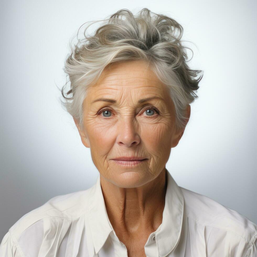 un più vecchio donna indossare un' bianca camicia. foto