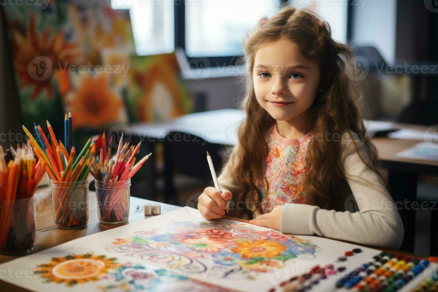 bambini colorazione attività nel un' aula. generativo ai foto