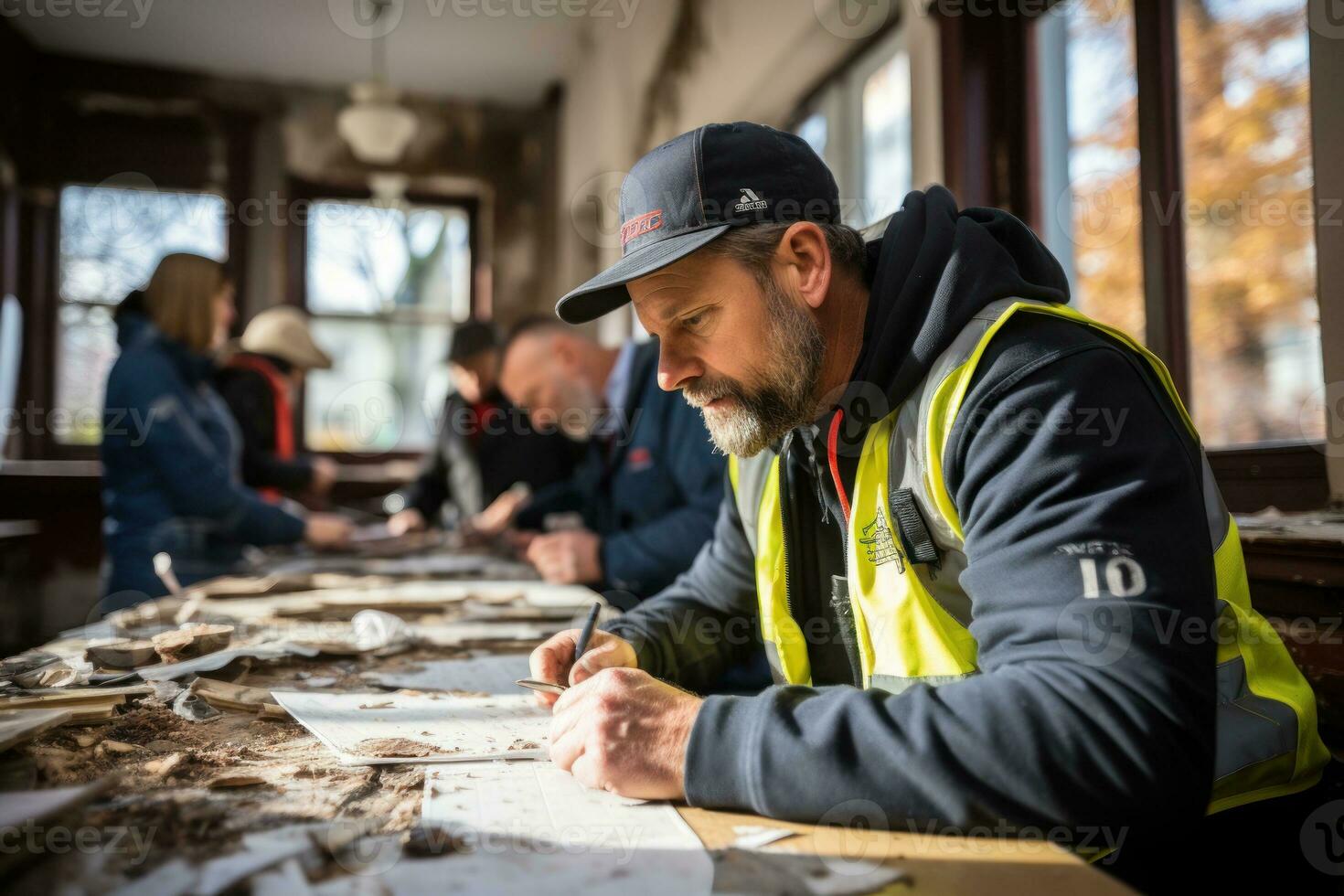 lavoratori utilizzando tecnico utensili per stima il ambiente. generativo ai foto