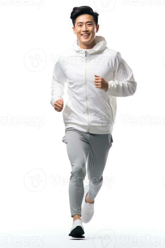Asia maschio jogging contento e energico generazione nel bianca sfondo. generativo ai foto