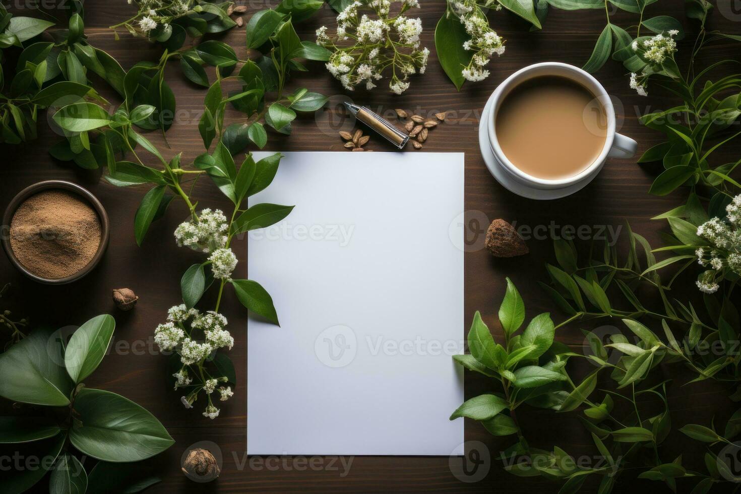 un ufficio del desktop un' pila di a4 bianca carta, un' penna, un' tazza di caffè. generativo ai foto