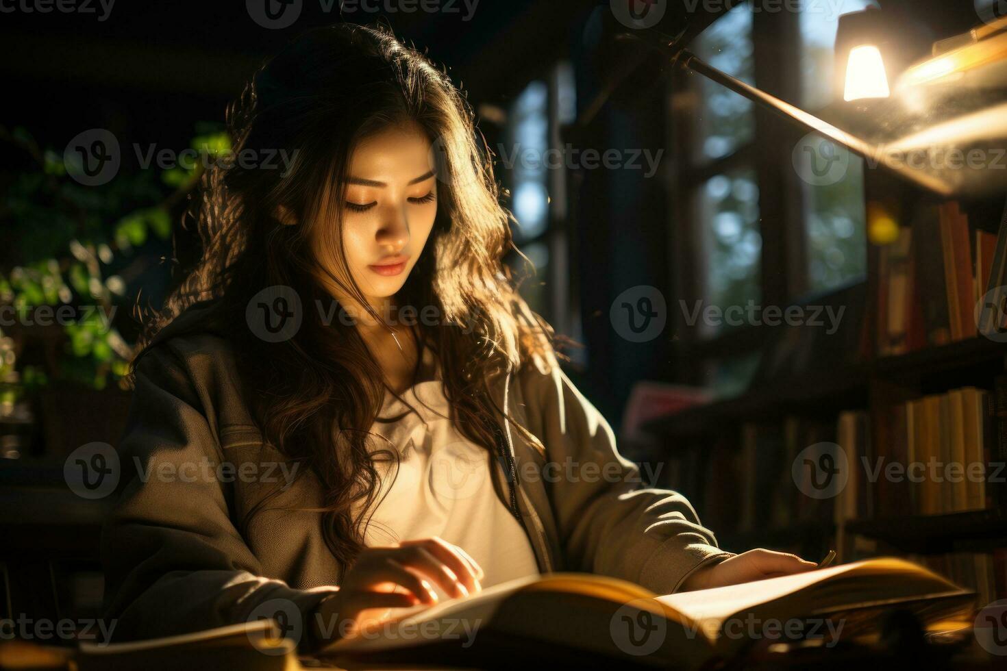 ragazza nel il biblioteca di il scuola scoprire un' libro. generativo ai foto