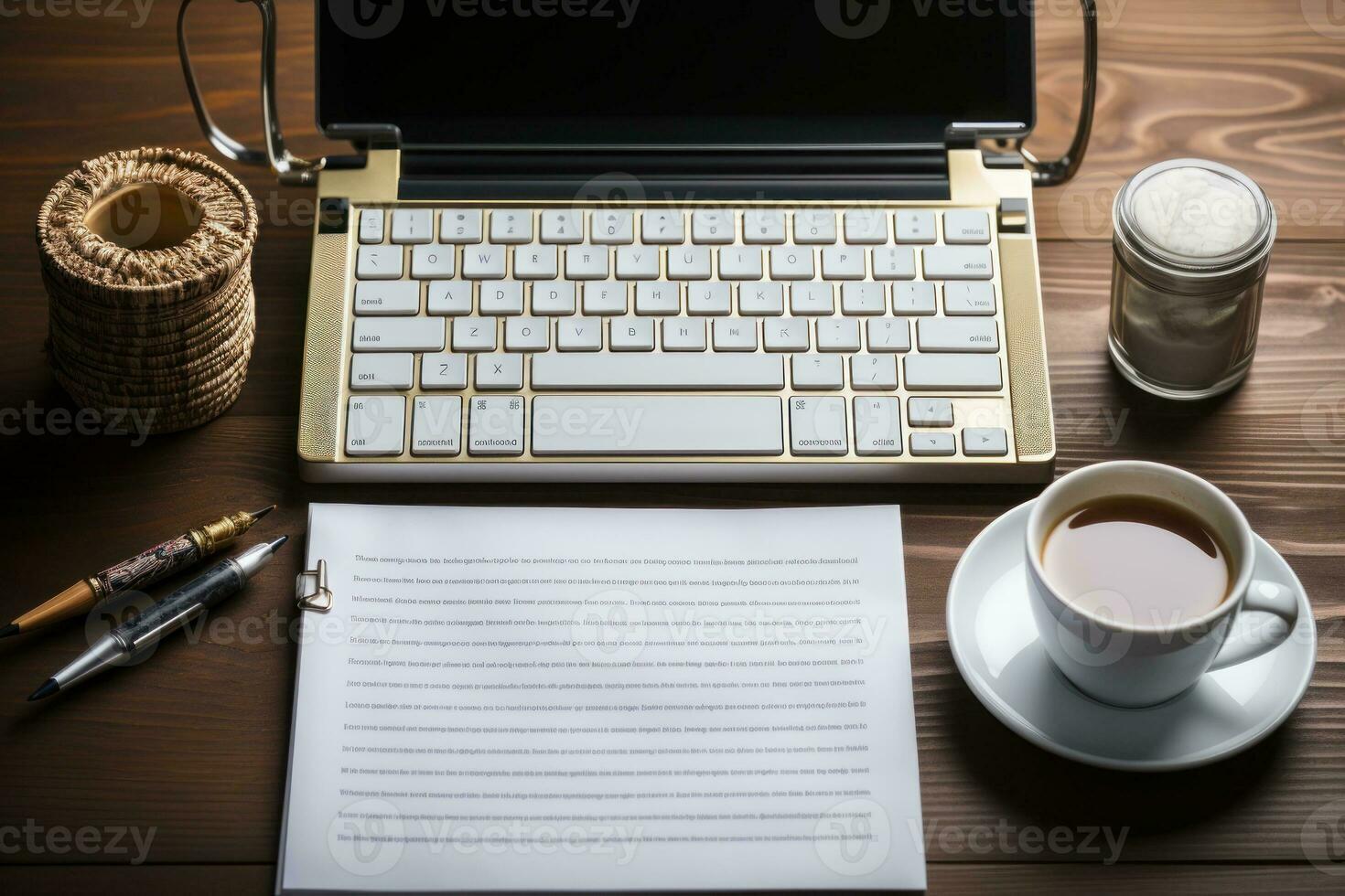 un ufficio del desktop un' pila di a4 bianca carta, un' penna, un' tazza di caffè. generativo ai foto