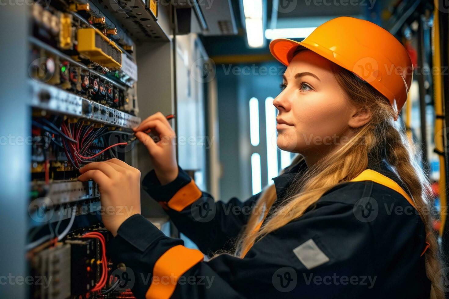 femmina elettricista a opera su un' fusibile scatola, ornato nel sicurezza Ingranaggio. generativo ai foto