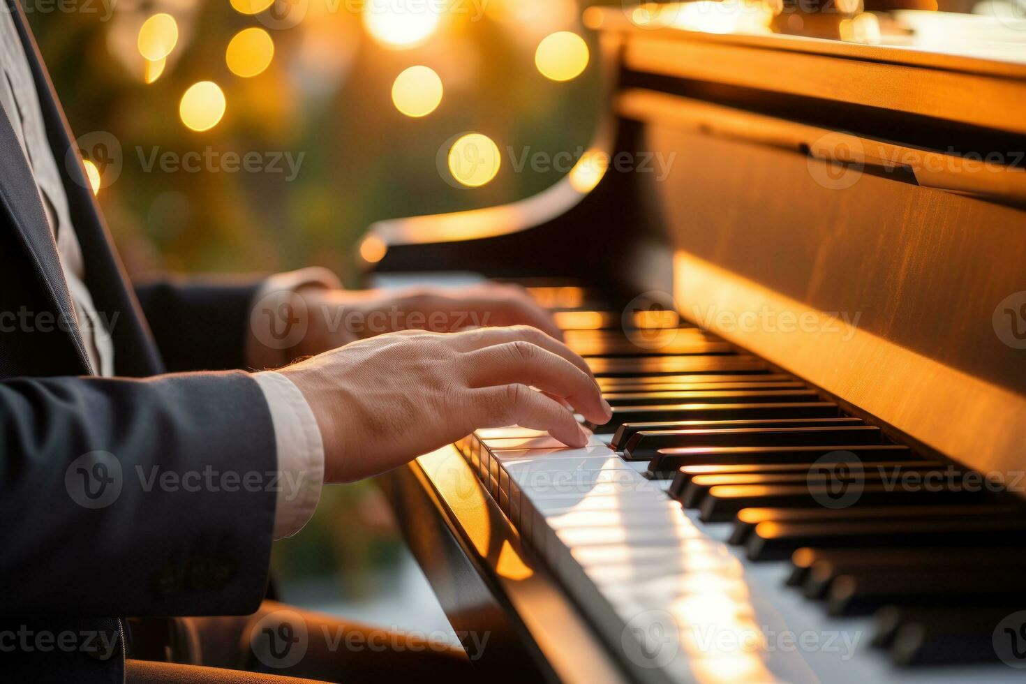foto di maschio mani di un' persona giocando il pianoforte bokeh luci nel il sfondo. generativo ai