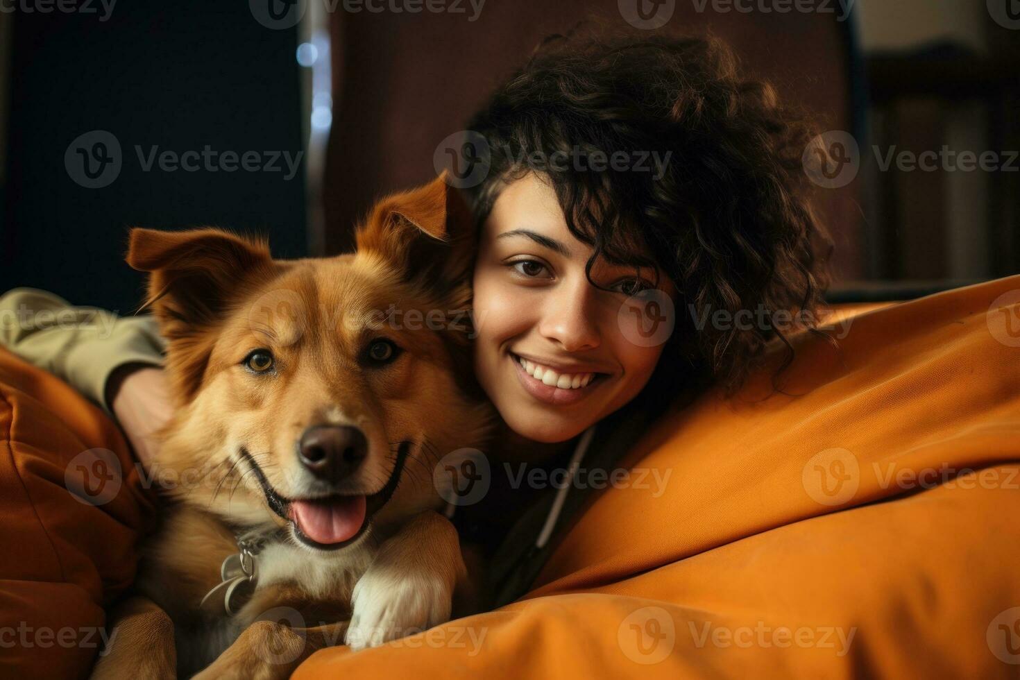allegro donna abbracciare Amati animale domestico cane a casa su il divano, migliore amico, amicizia concetto, generativo ai foto