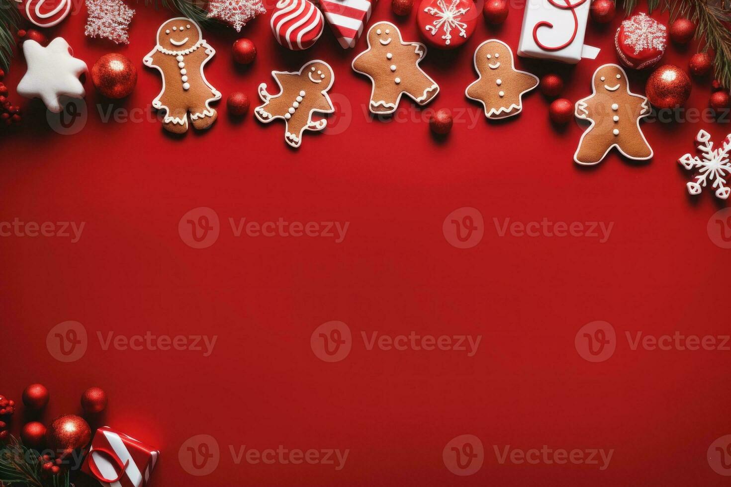 Natale bandiera con alcuni regali, Pan di zenzero uomo biscotti su rosso sfondo. generativo ai foto