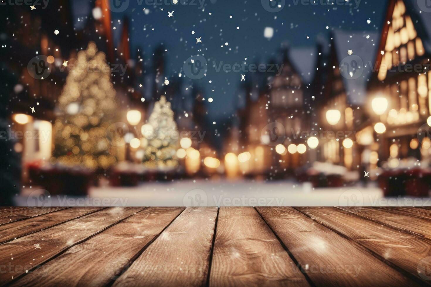 di legno tavolo, vuoto spazio con illuminato Natale cittadina piazza nel Vintage ▾ stile. generativo ai foto