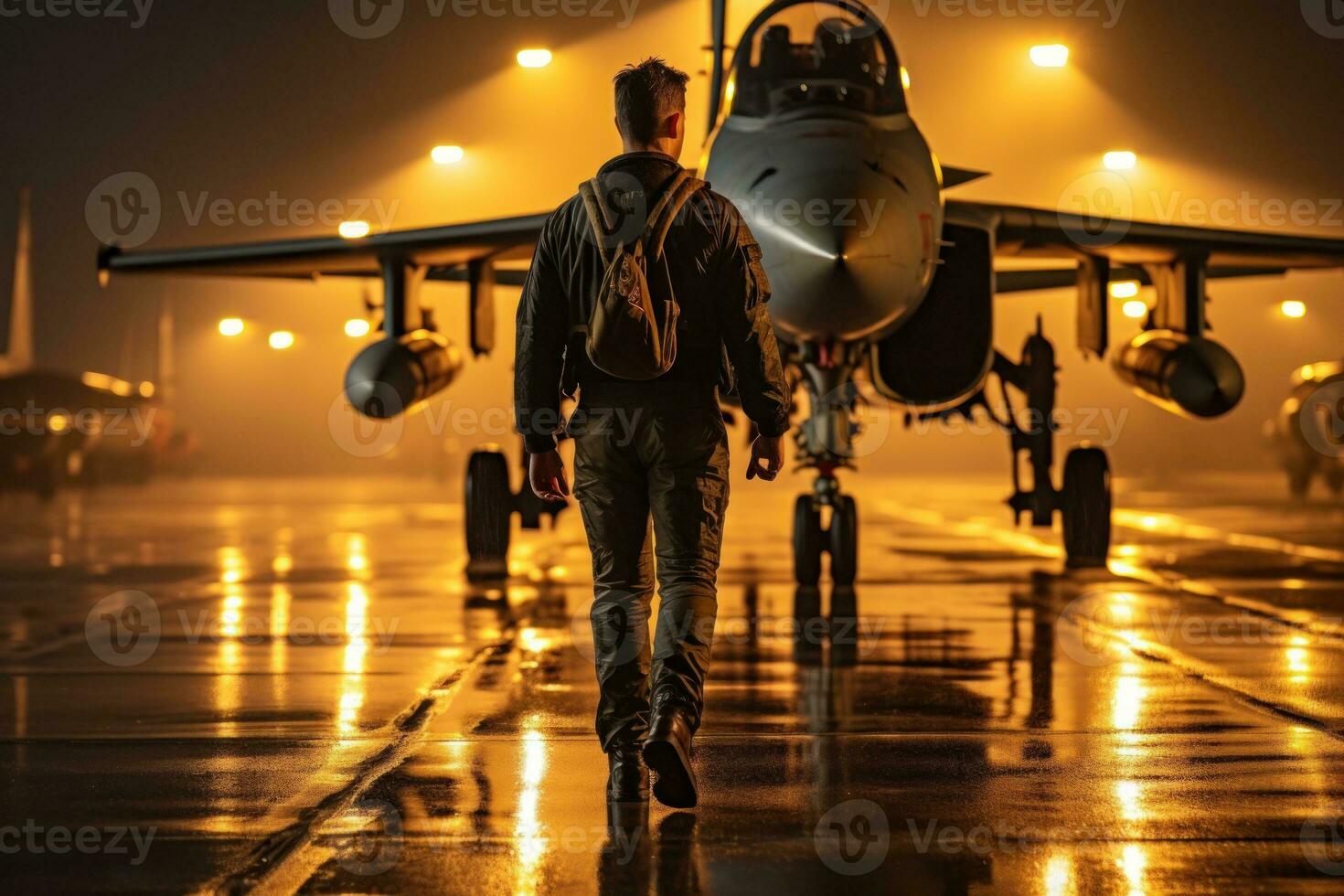 pilota a piedi lungo il pista di decollo illuminazione nel il sfondo di un' combattente generativo ai foto