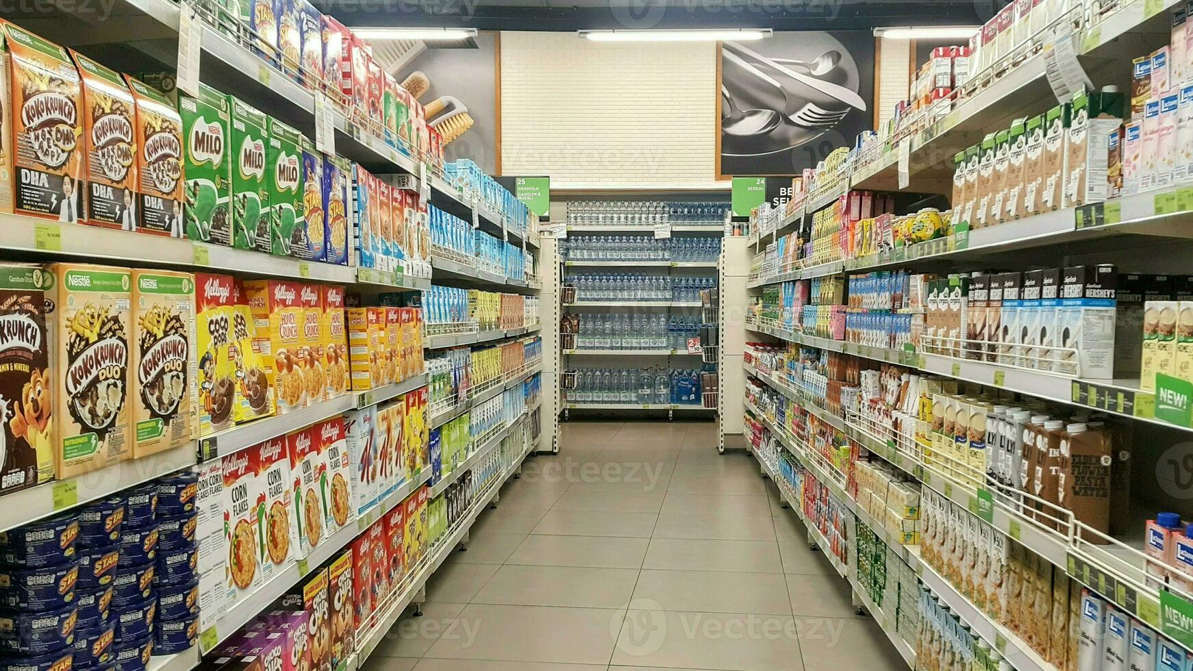 prospettiva Visualizza di cliente shopping consumatore bene su scaffali fra corridoio con chiaro leggero nel convenienza supermercato e minimarket foto