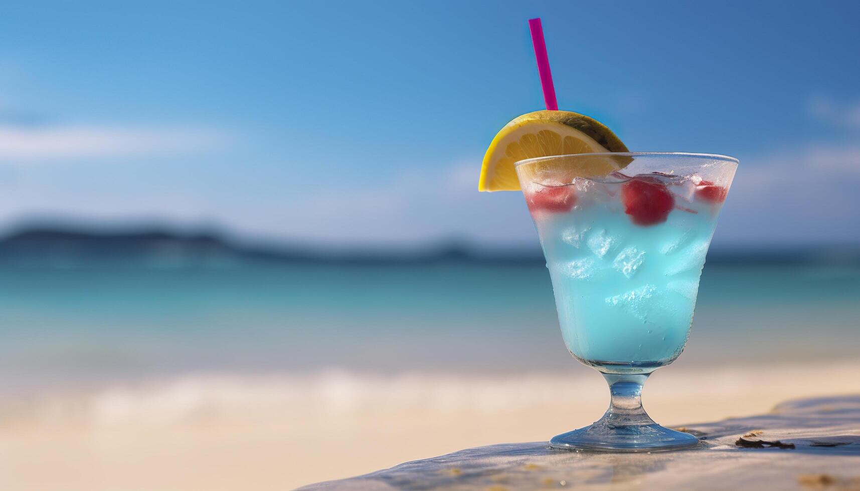 cocktail bicchiere su il sabbioso spiaggia vicino il mare nel estate volta. generativo ai foto