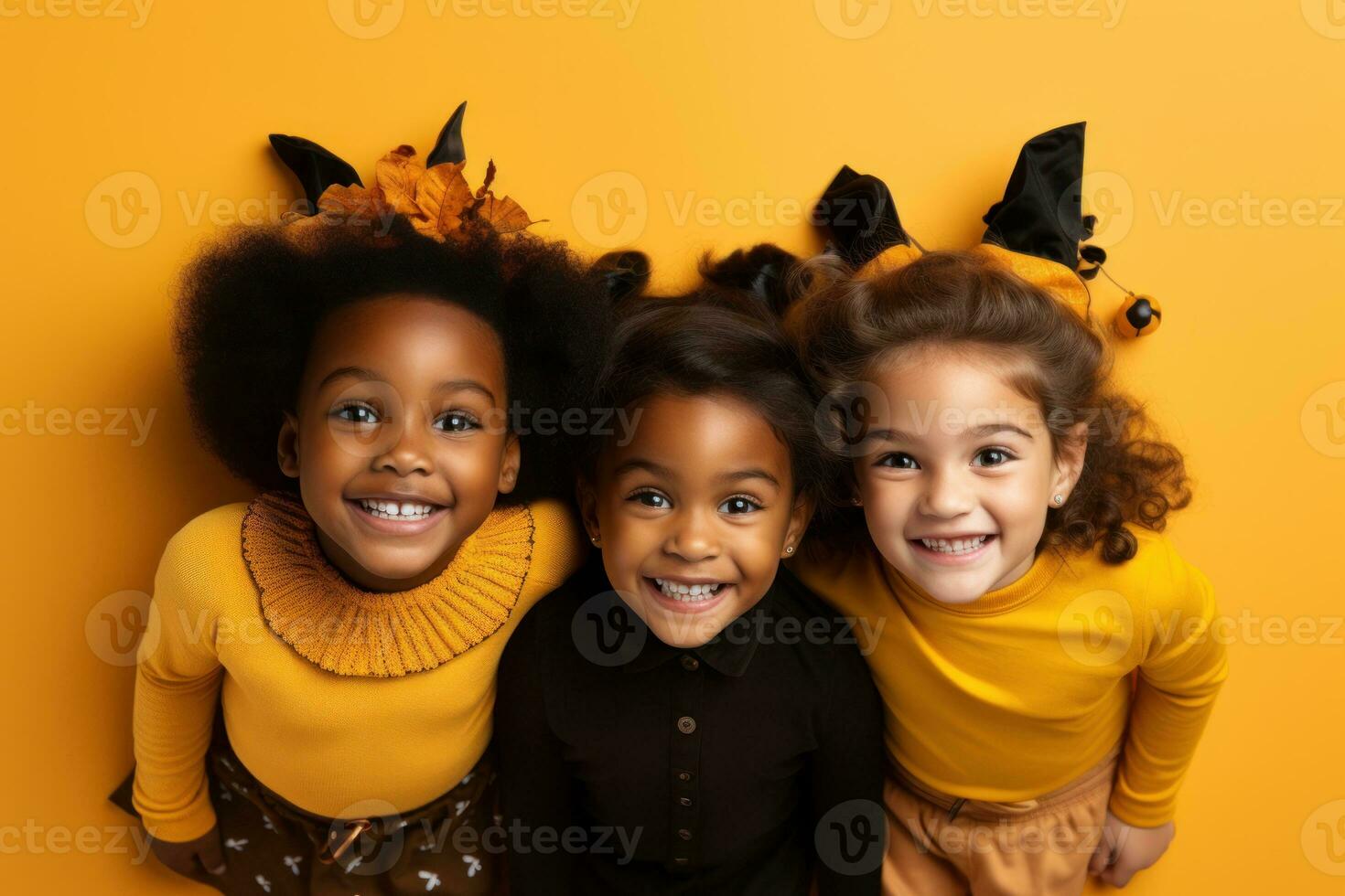 bambini festeggiare Halloween su giallo sfondo. generativo ai foto