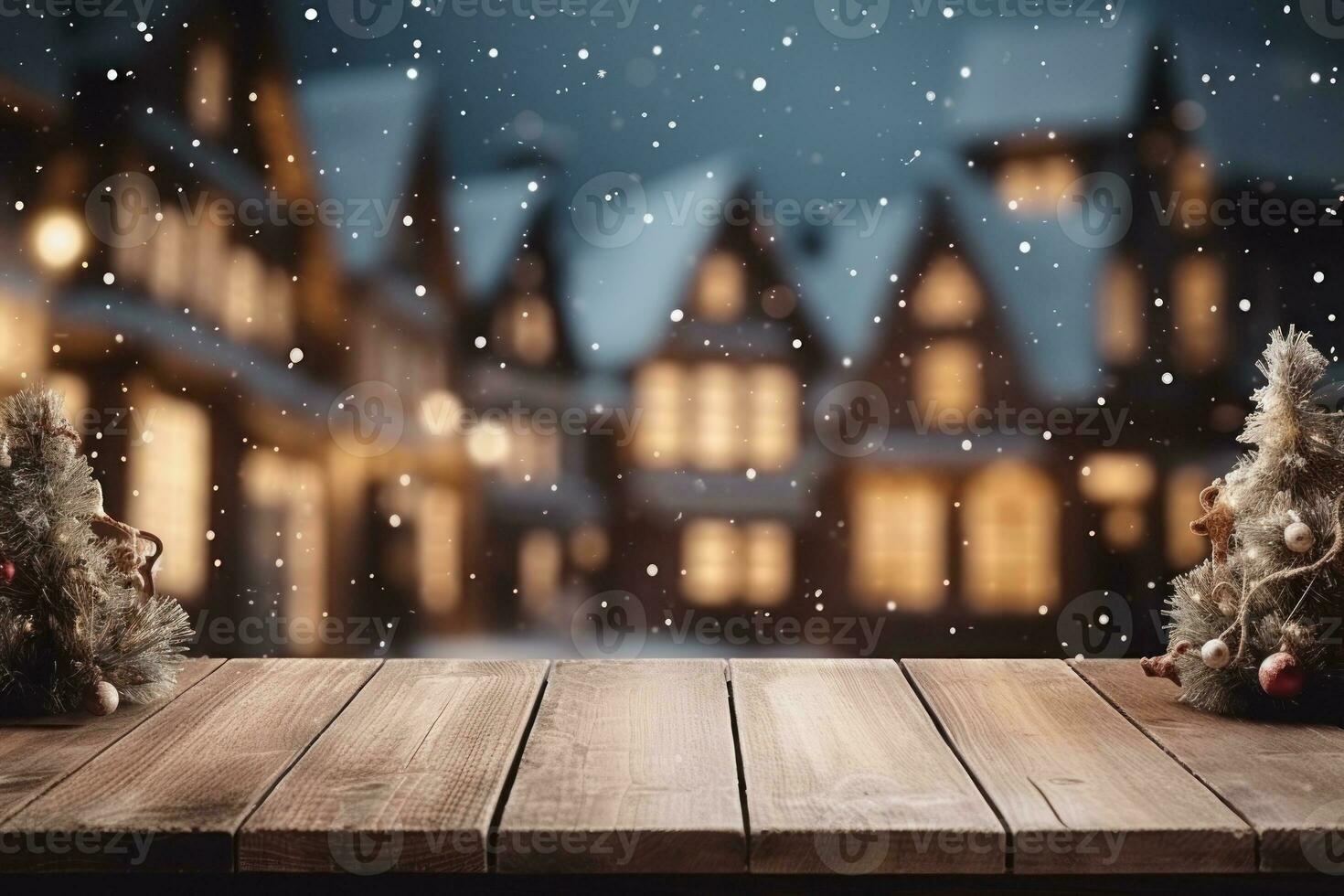 di legno tavolo, vuoto spazio con illuminato Natale cittadina piazza nel Vintage ▾ stile. generativo ai foto