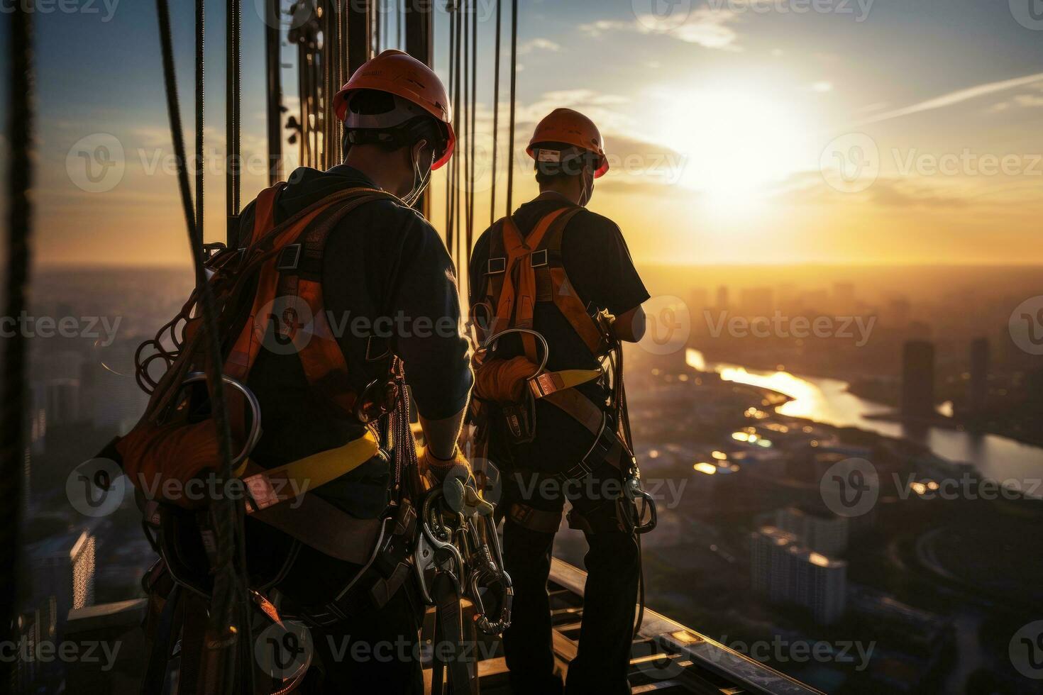 un' lavoratori Lavorando a altezza con sicurezza imbracatura. generativo ai foto