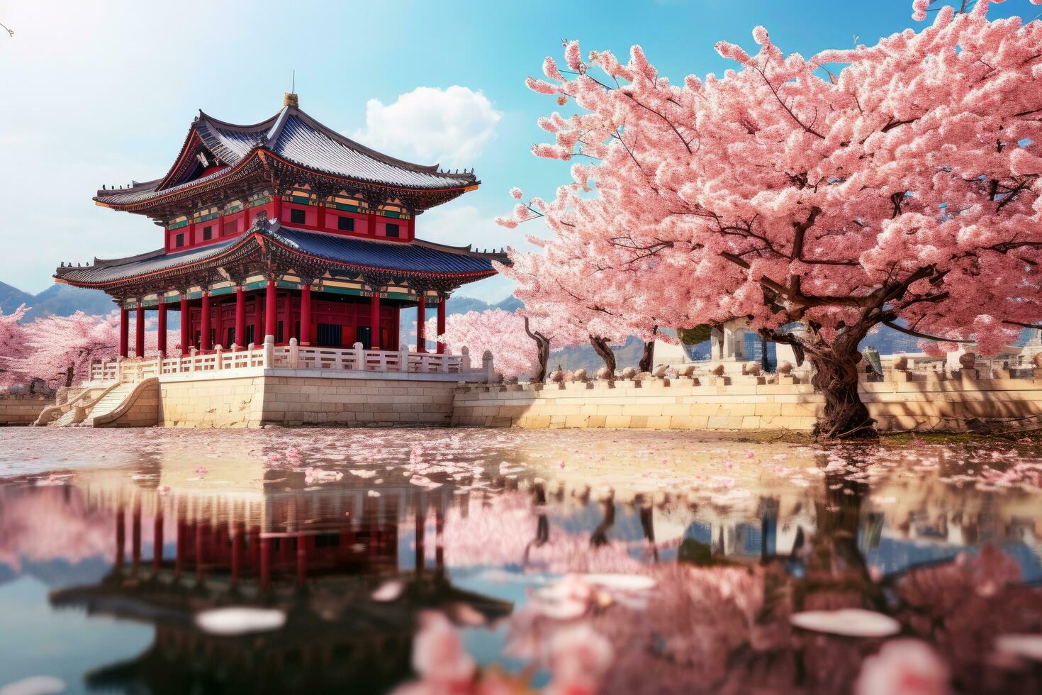 bellissimo Cinese tempio con ciliegia fiorire nel primavera volta, Gyeongbokgung palazzo con ciliegia fiorire albero nel primavera tempo nel Seoul città di Corea, Sud Corea, ai generato foto