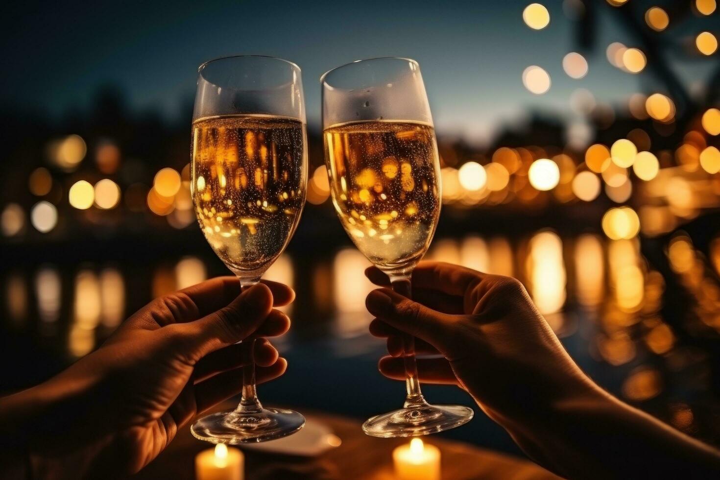 crostini con Champagne su nuovo anni vigilia e fuoco d'artificio nel il sfondo, ai generativo foto