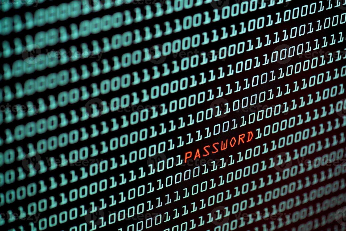 testo della password e concetto di codice binario dallo schermo del desktop foto