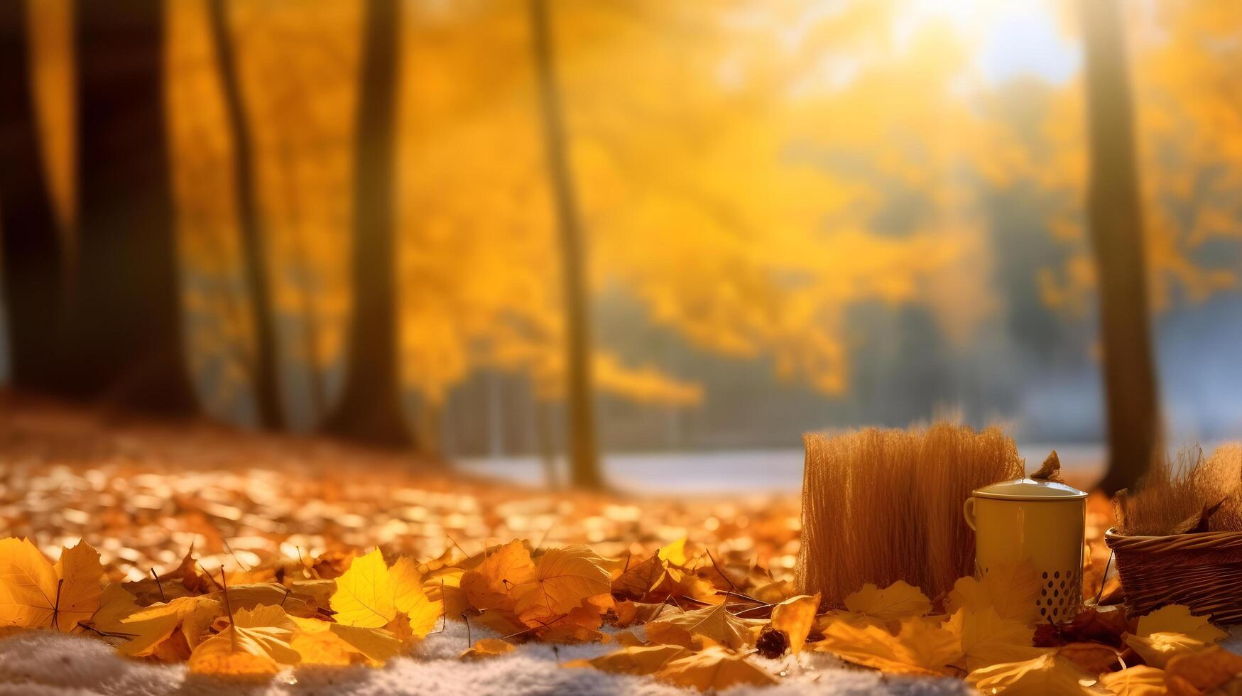 autunnale alberi nel un all'aperto parco su un' Bellissima, luminosa giorno - bellissima, vibrante, colorato autunno scenario Compreso un' coperta di giallo le foglie. foto