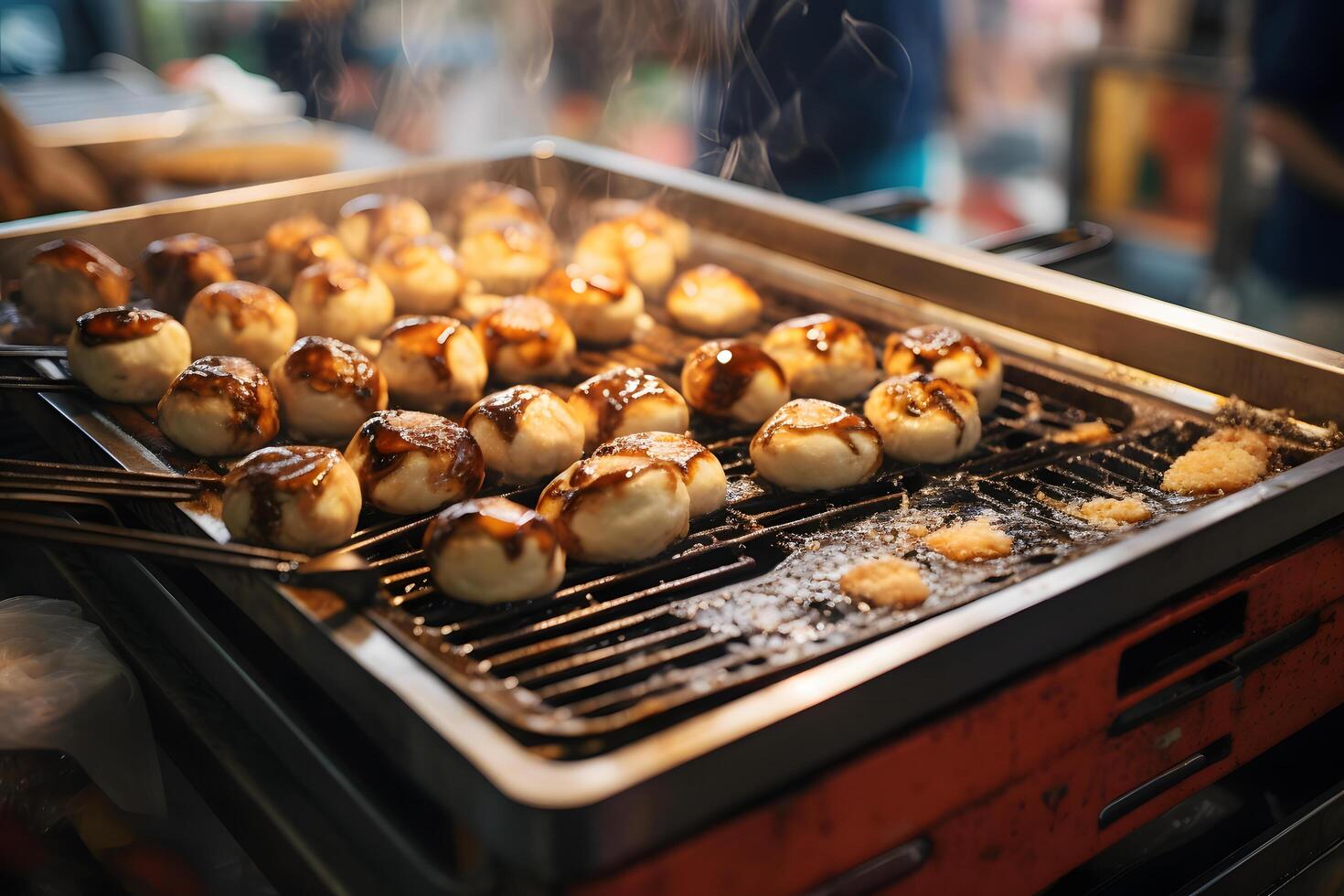 giapponese cibo - takoyaki nel carta vassoio nel occupato strada cibo mercato ai generativo foto