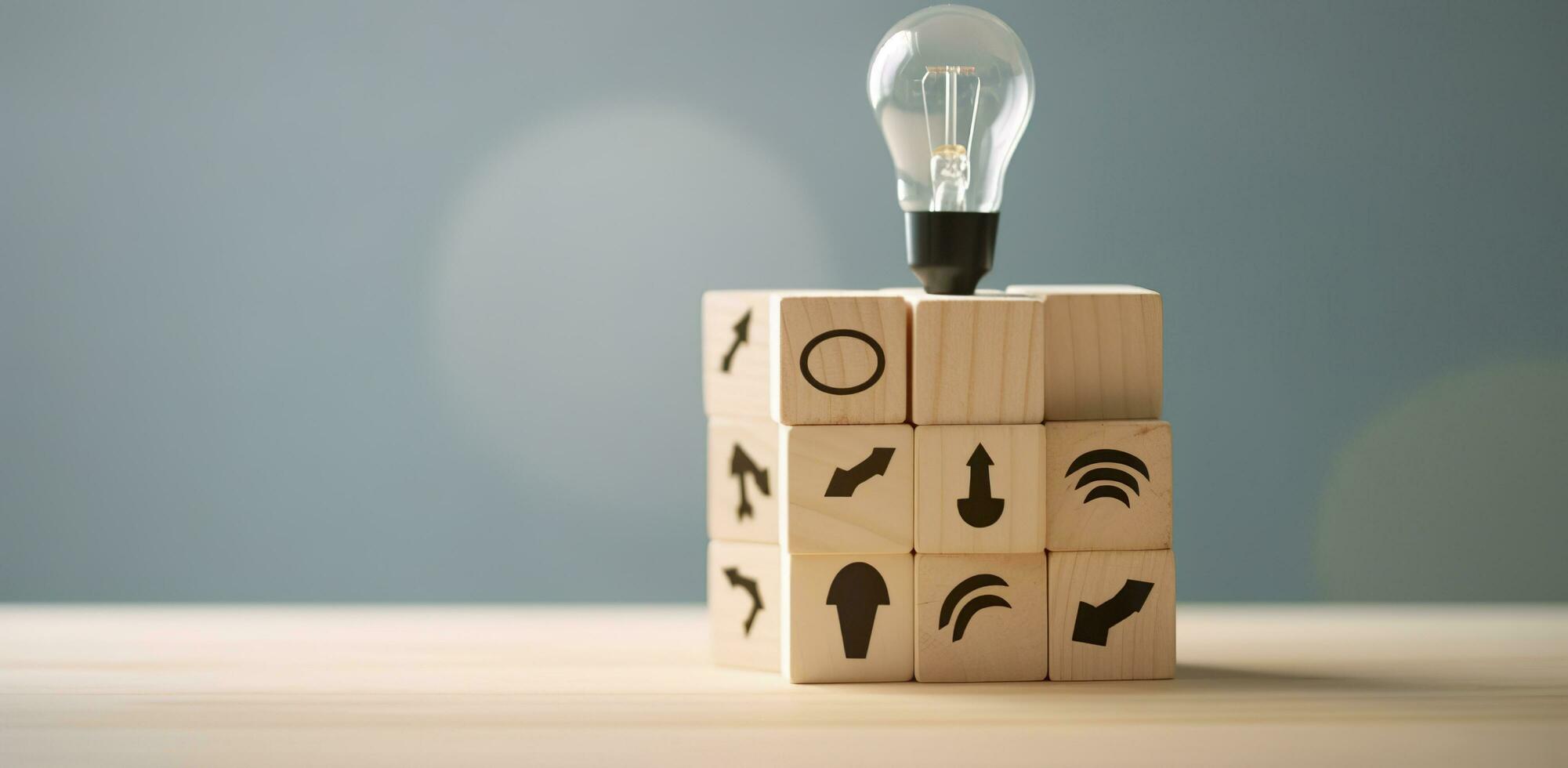 creativo idea, soluzione e innovazione concetto. idea generazione per attività commerciale sviluppo. di legno cubo blocchi con leggero lampadina e ciclo icone su pulito sfondo e copia spazio. ai generativo foto