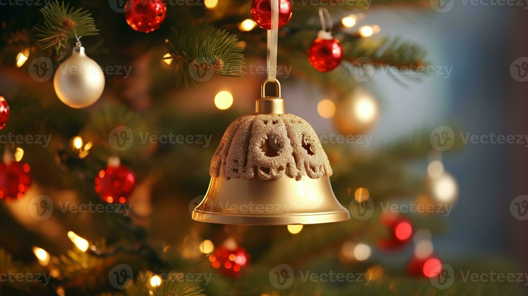 d'oro campana decorato su Natale albero, Natale. ai generato. foto