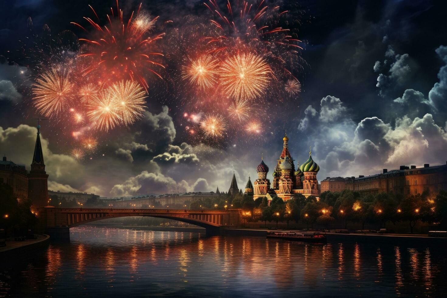 fuochi d'artificio al di sopra di il Mosca Cremlino e st. di basilico Cattedrale, Russia, Mosca fuochi d'artificio, ai generato foto