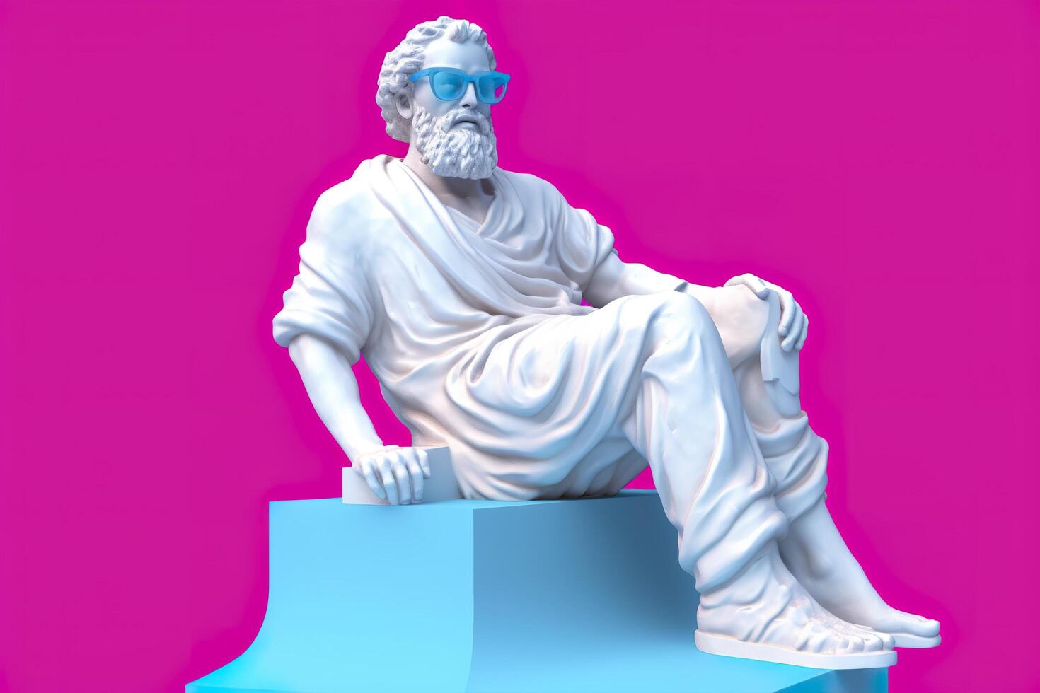 un' bianca statua di Platone nel un' freddo posa, indossare magenta e ciano 3d occhiali, pronto per festa. ai generativo foto