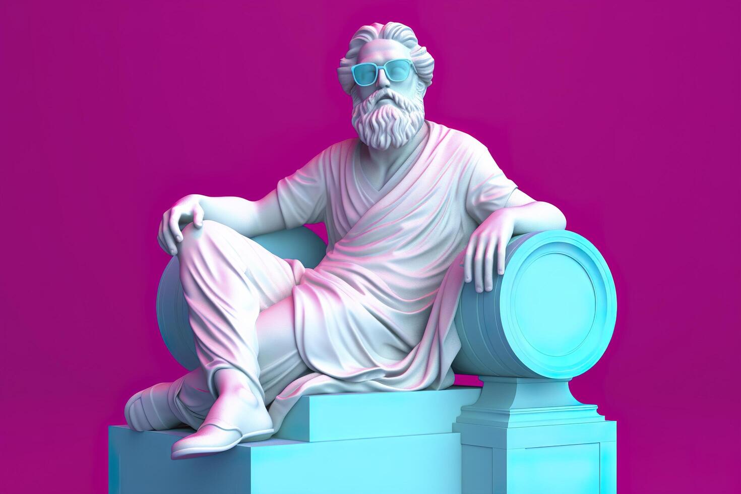 un' bianca statua di Platone nel un' freddo posa, indossare magenta e ciano 3d occhiali, pronto per festa. ai generativo foto