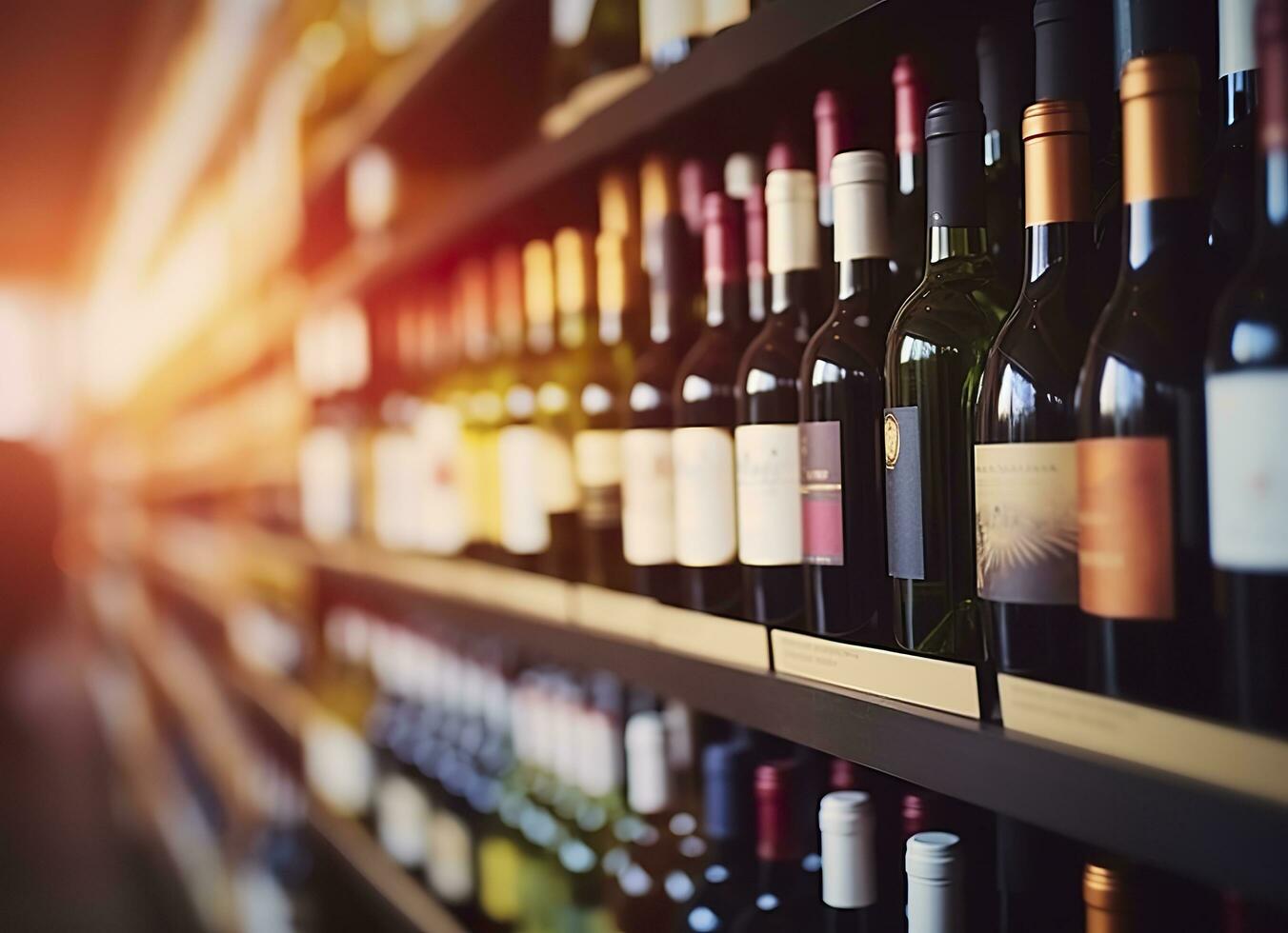 astratto sfocatura vino bottiglie su liquore alcool scaffali nel supermercato memorizzare sfondo. generativo ai foto