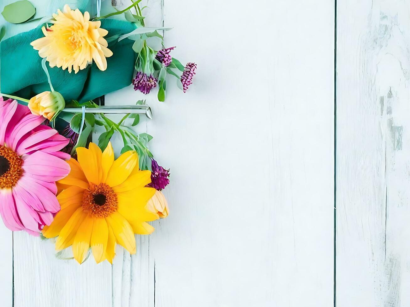 composizione di botanico fiori con un' di legno sfondo. ai generativo foto