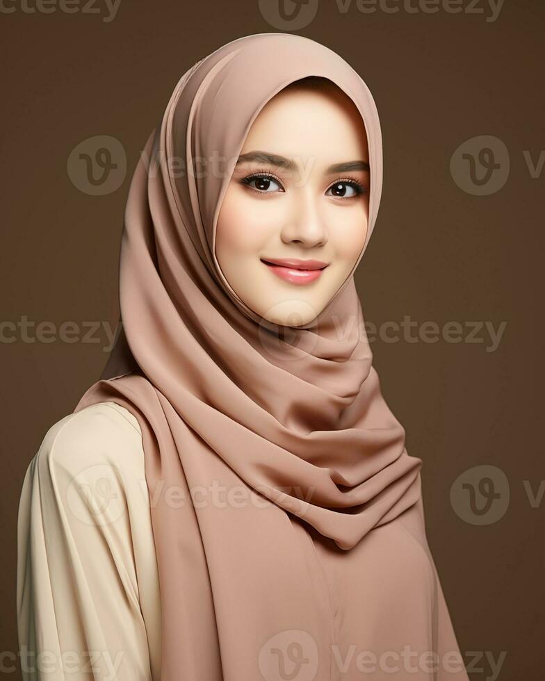 bellissimo asiatico ragazza indossare lungo hijab in piedi nel pianura sfondo ai generativo foto
